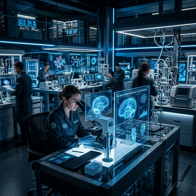 A futuristic high-tech science laboratory with glowing blue holographic displays